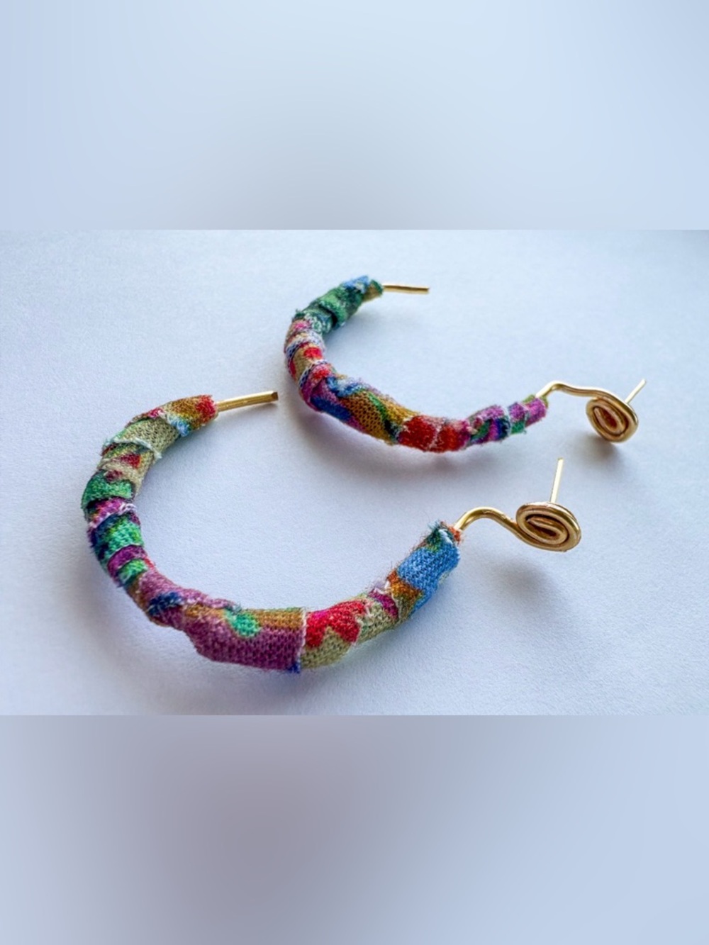 Colorful Fabric-Wrapped Hoop Earrings with Gold Spiral Studs